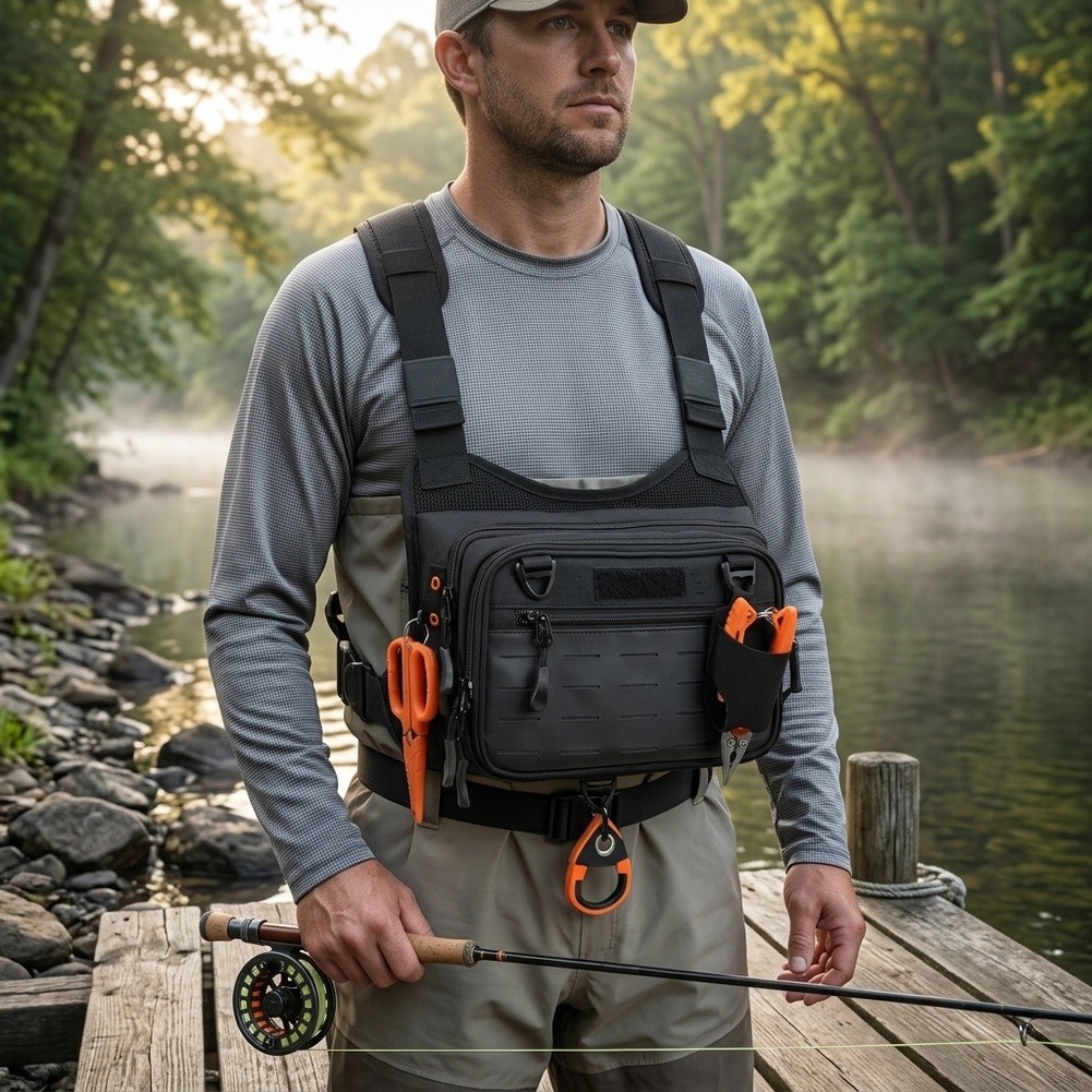 플라이 낚시용 가슴에 착용하는 배낭형 조끼로, 앞면과  - Fishing Backpack 리뷰 및 가격