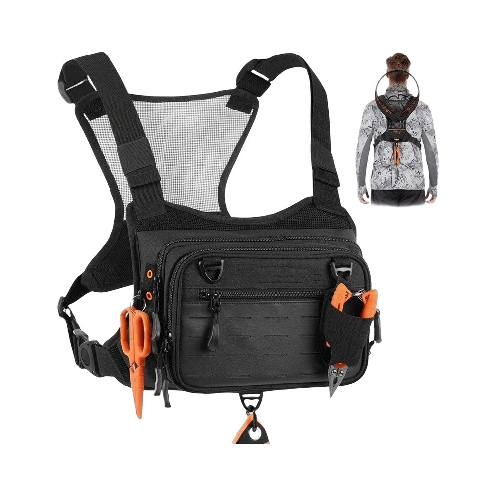 플라이 낚시용 가슴에 착용하는 배낭형 조끼로, 앞면과  - Fishing Backpack 리뷰 및 가격